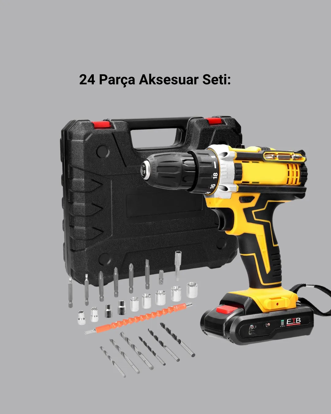 24 Parça Çift Bataryalı Akülü Darbeli Matkap – Güçlü Motor, Metal Dişli, LED Işıklı