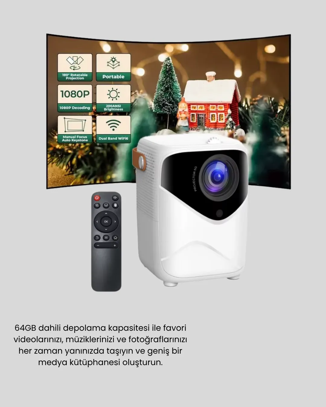 Mini Akıllı Projektör – 1080P Full HD, 64GB Depolama, 2GB RAM, Uzaktan Kumanda Destekli