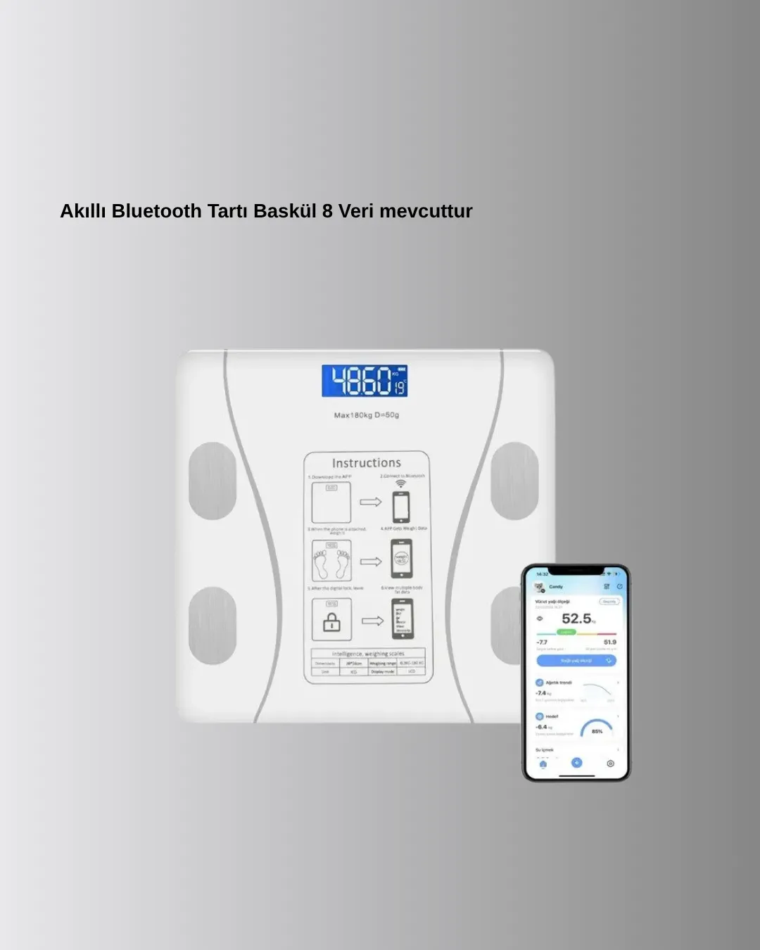 Bluetooth Akıllı Tartı – 8 Fonksiyonlu Dijital Baskül, 180 kg Kapasiteli