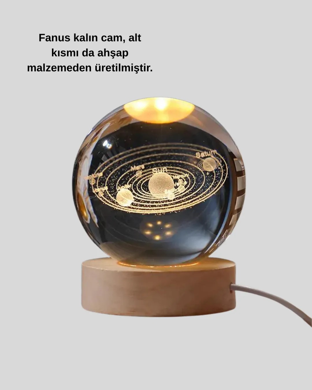 Ahşap Standlı LED Kristal Küre Lazer İşlemeli Dekoratif Obje