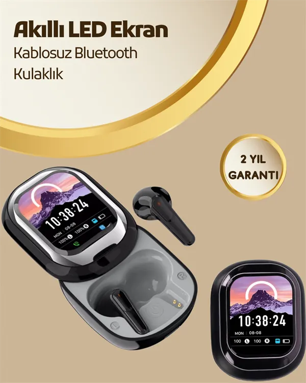 Akıllı Ekranlı Bluetooth 5.4 Kablosuz Kulaklık – Dokunmatik ve Şarj Kutulu