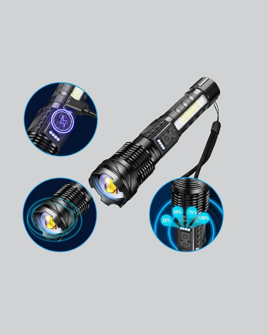 Şarjlı El Feneri Yüksek Işık Gücü Uzun Menzil