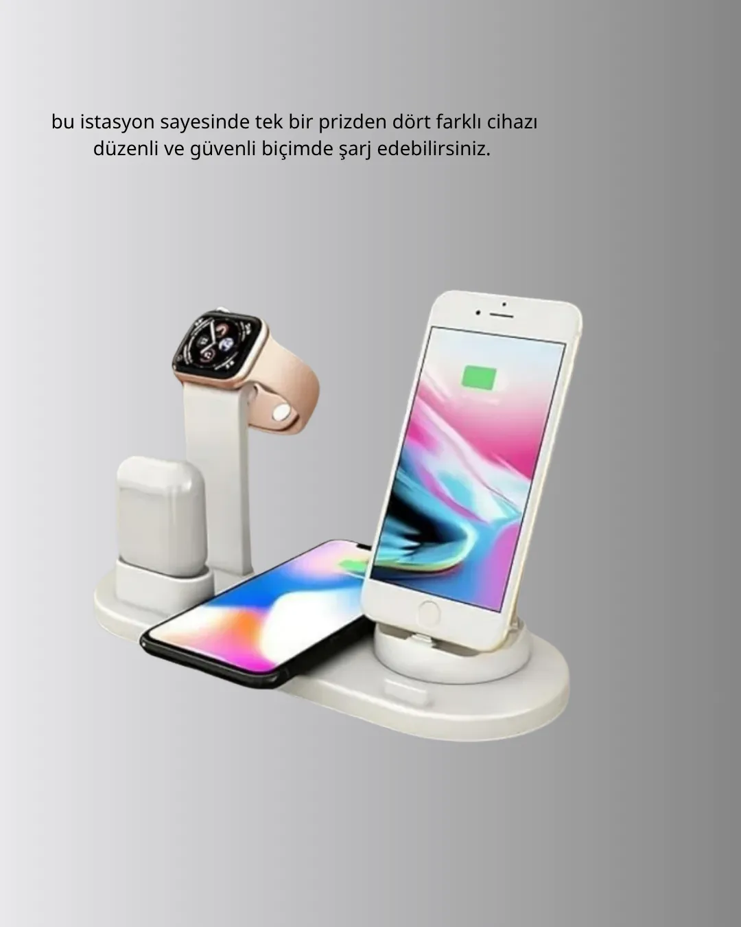 Apple Uyumlu Kablosuz Şarj İstasyonu 4 Cihaz Destekli ve Hızlı Şarjlı