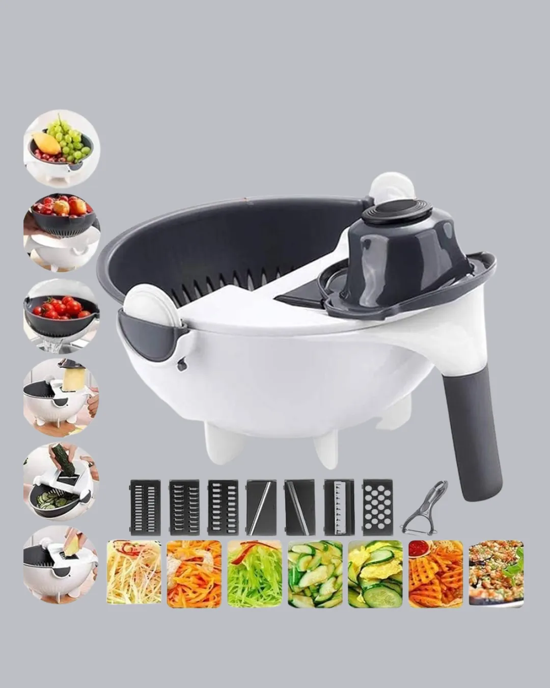 5 Fonksiyonlu Döner Rende Süzgeçli Çok Amaçlı Sebze Doğrayıcı Kaymaz Tabanlı