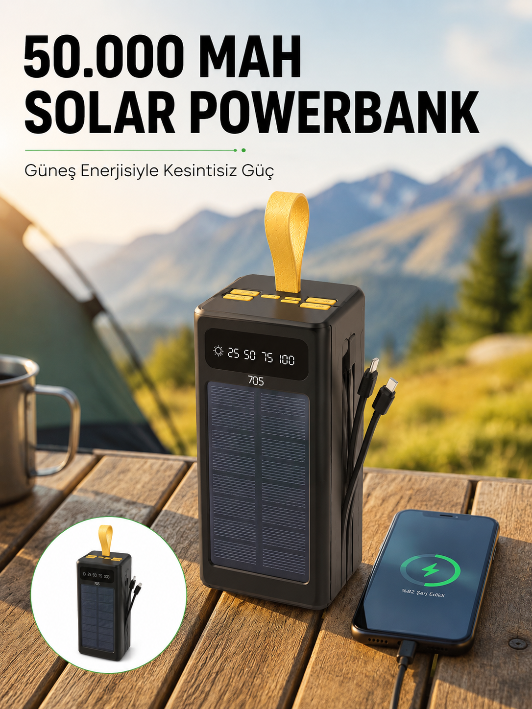 Güneş Enerjili Powerbank Dijital Göstergeli Taşınabilir Güç Kaynağı