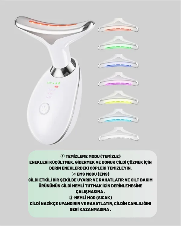 Cilt Yenileyici Şarjlı Güzellik Aleti – Pozitif/Negatif İyon, Titreşimli Masaj ve Kırmızı-Mavi-Yeşil Işıkla