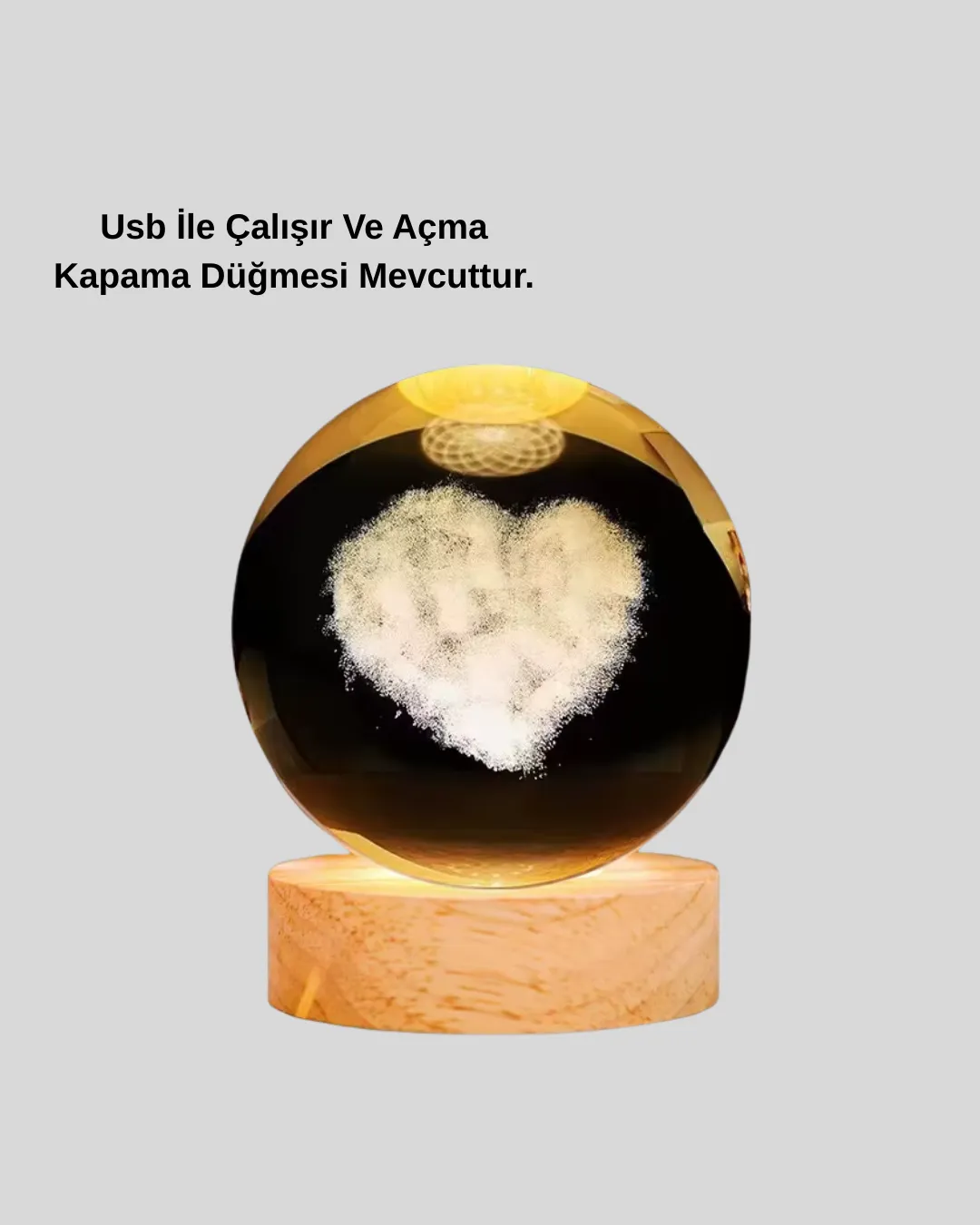 Romantik Kalpli Kristal Cam Küre USB’li Işıklı Dekoratif Obje