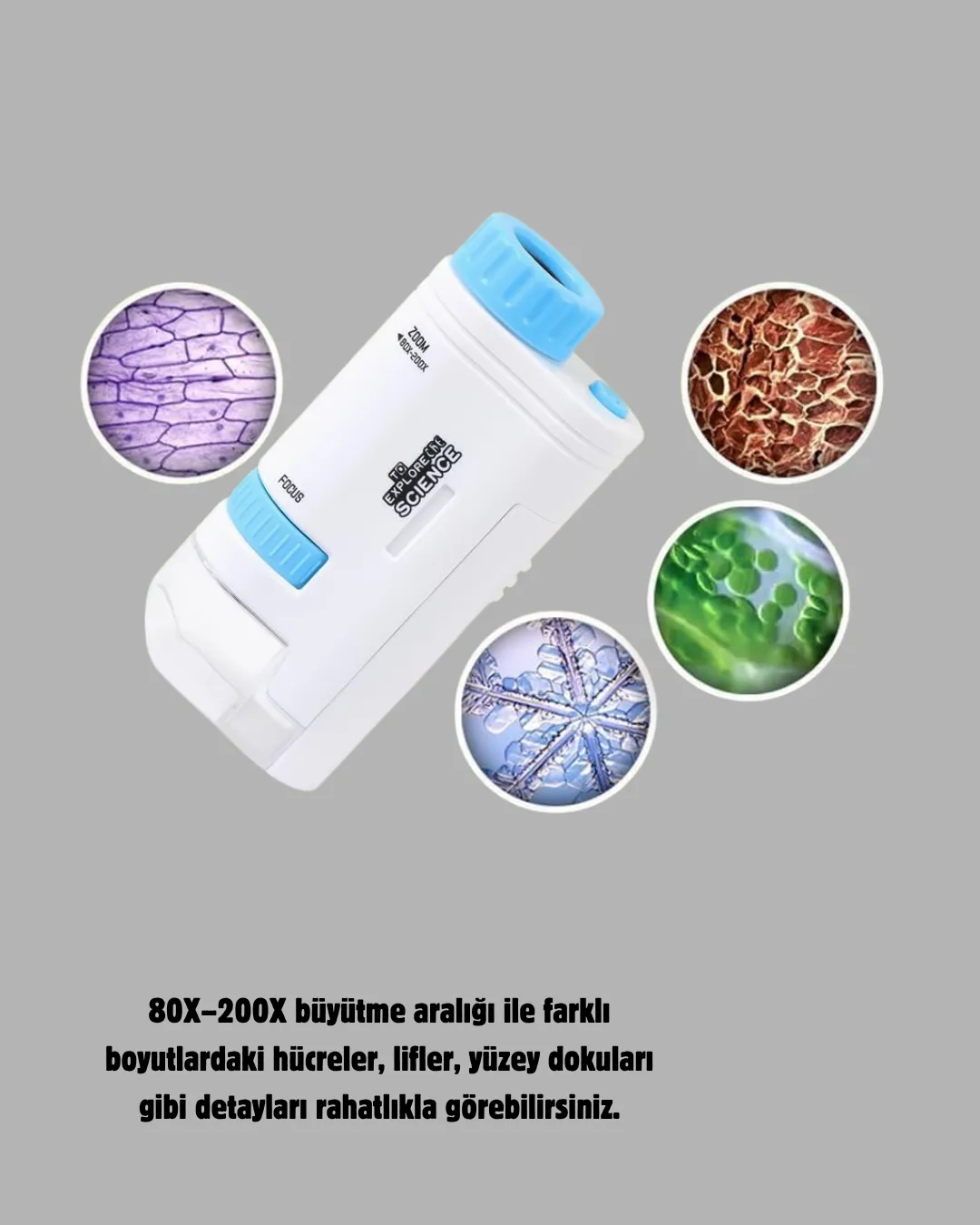 LED Işıklı Mikroskop 80X–200X Zoom Eğitici Bilim Seti ve Taşınabilir