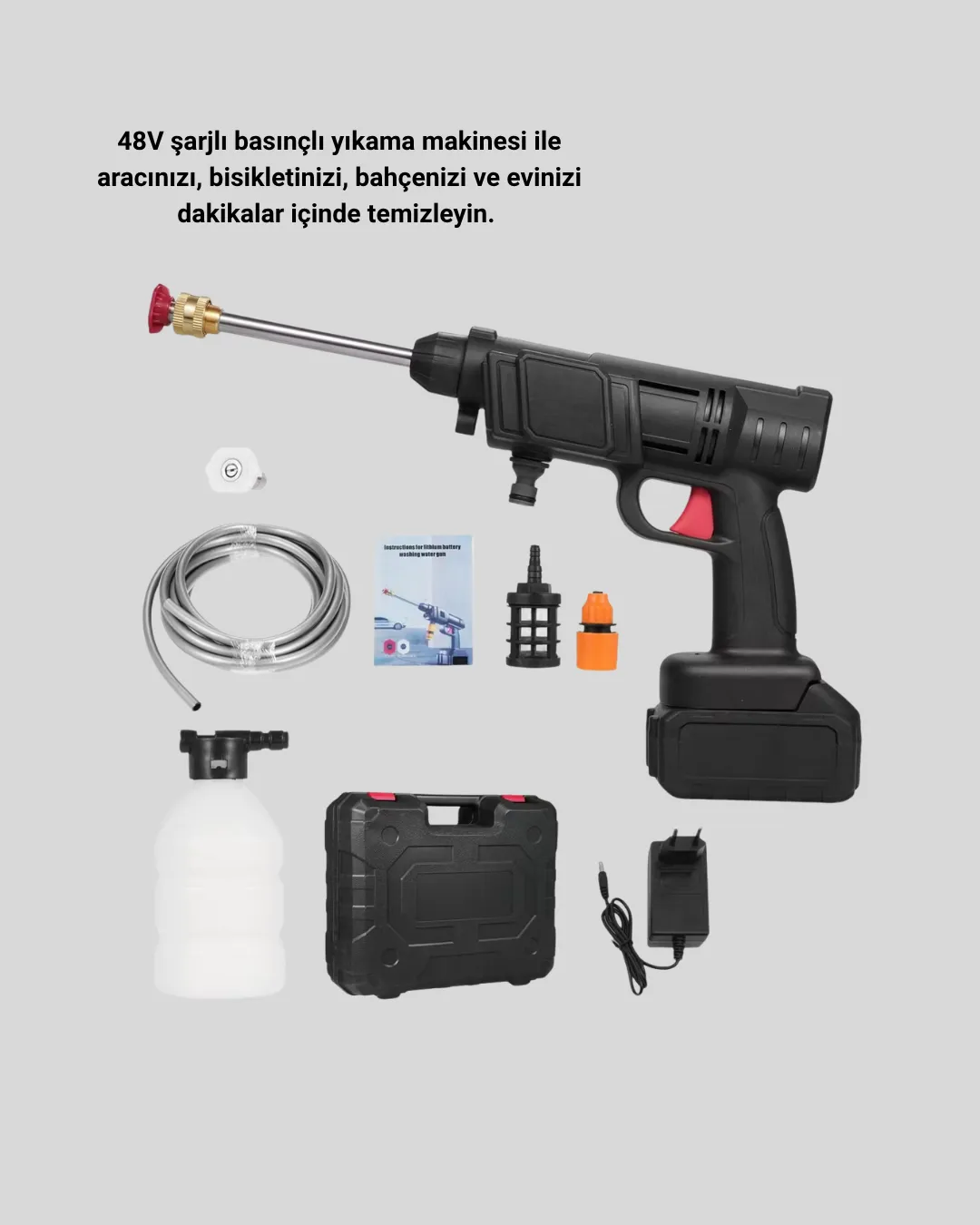 Kablosuz Basınçlı Yıkama Makinesi – 48V Güçlü Motor, 2 Pil ve Köpük Hazneli