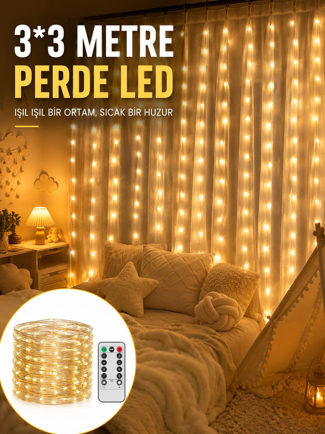 3x3 Metre Perde LED Işık – Parti ve Bahçe Dekorasyonu