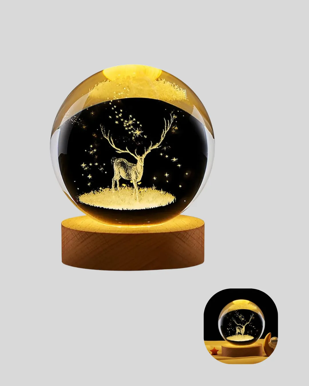 LED Işıklı Geyikli Kristal Küre Ahşap Standlı Modern Dekor Lamba
