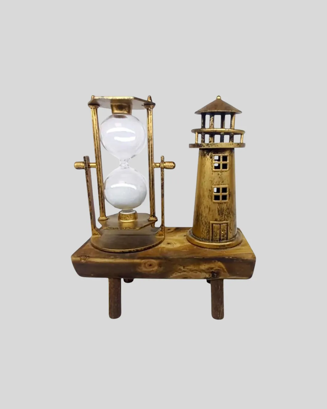 Ahşap Kum Saati ve Deniz Feneri Figürü Bir Arada – Ev & Ofis Dekorasyonu