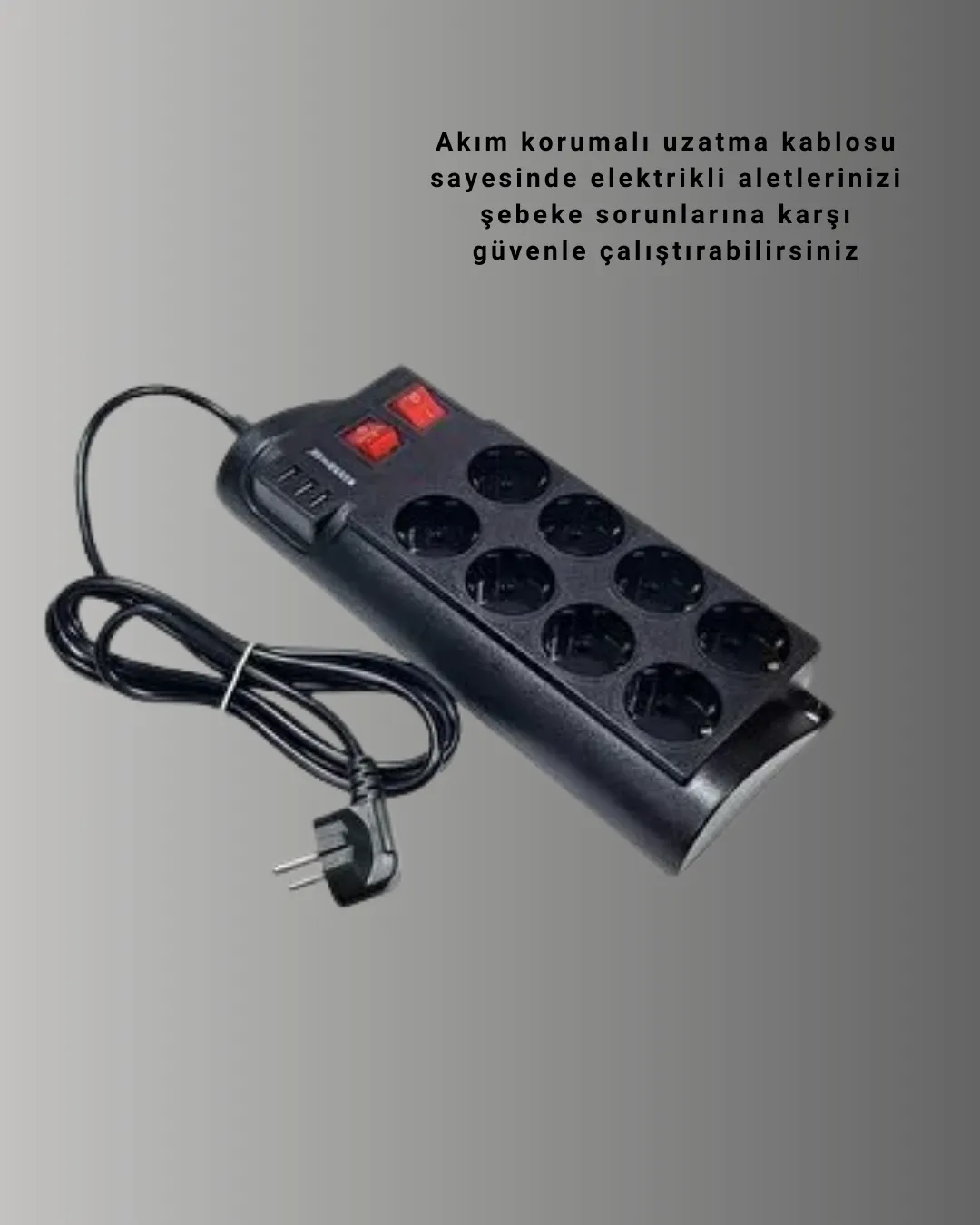 Güçlü Termal Korumalı 8 Priz + 3 USB Çoklu Uzatma Kablosu 2m