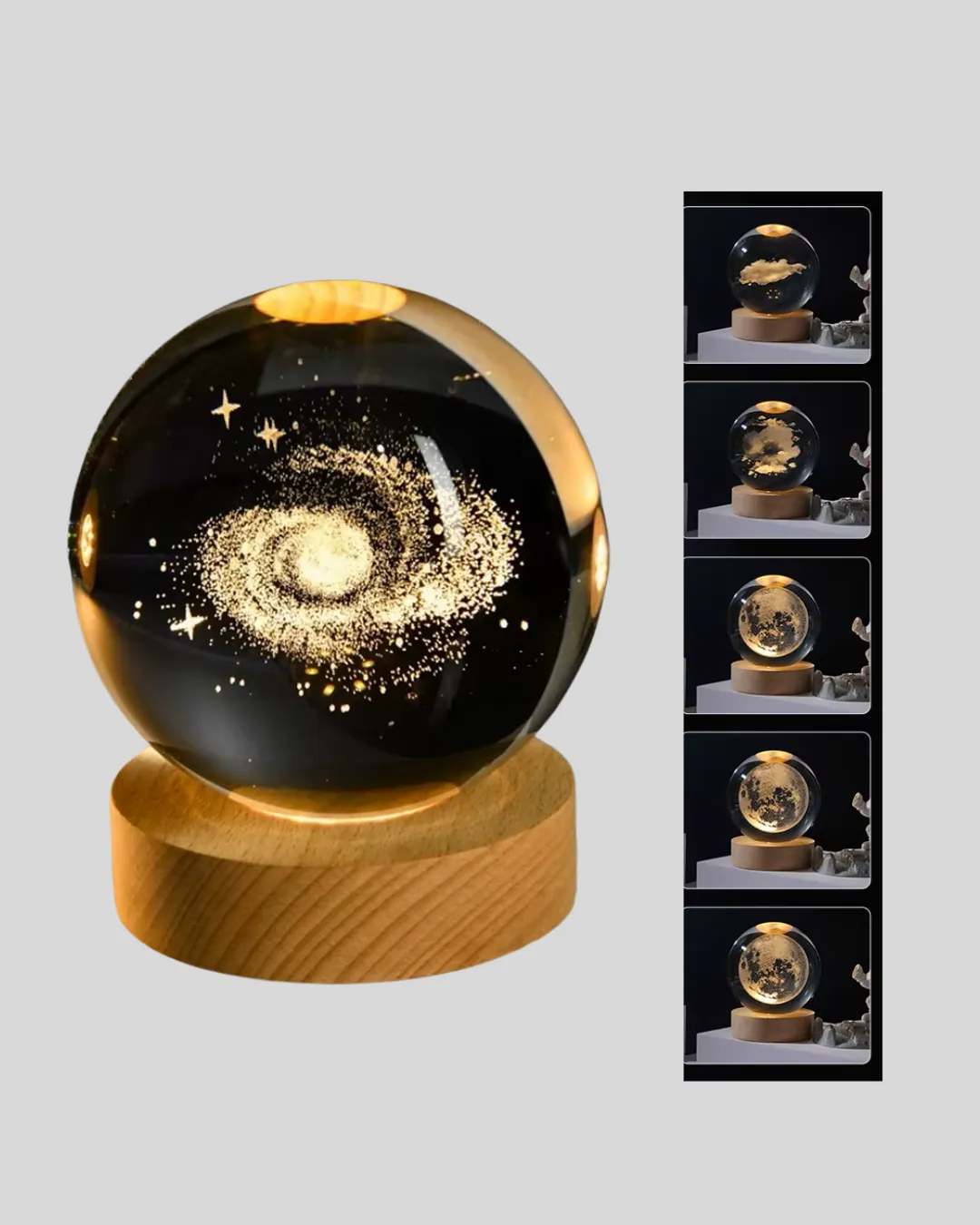 Samanyolu Desenli Kristal Küre Ahşap Standlı Gün Işığı LED Masa Lambası