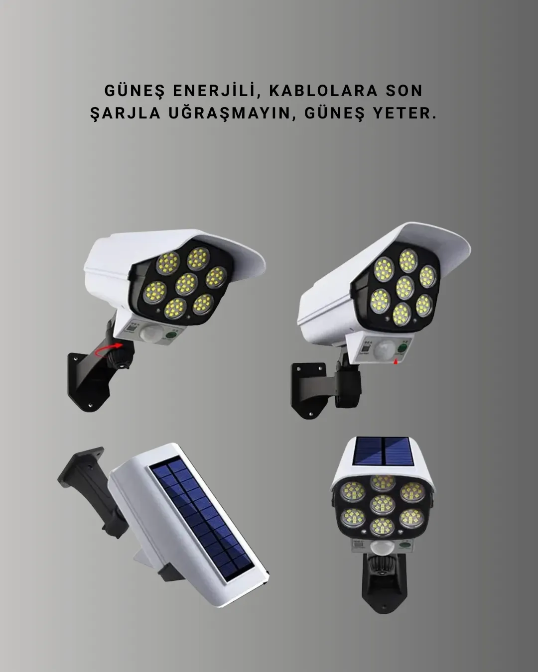 Güneş Enerjili LED Lamba + Güvenlik Kamerası Görünümlü– 5-8 m Hareket Algılamalı, Beyaz Işık