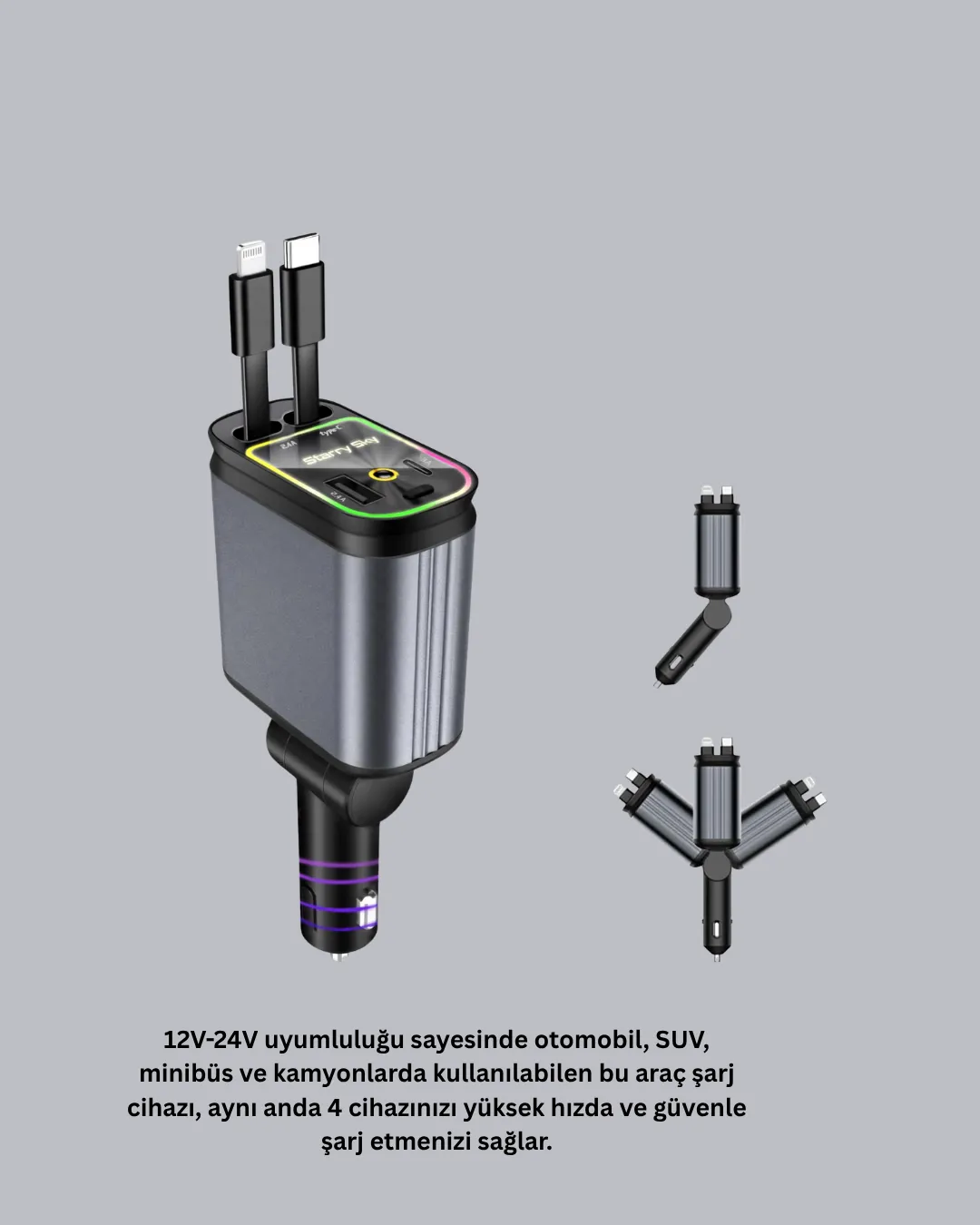 Araç Şarj Adaptörü 66W PD QC Hızlı Şarjlı ve Çekilebilir Kablolu