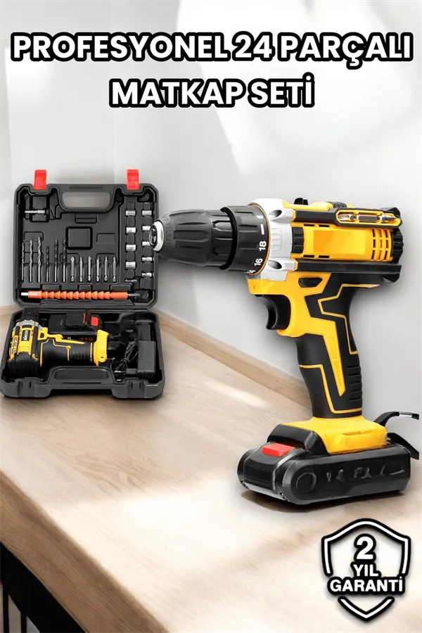 Metal Dişli 24W Akülü Matkap -Çift Bataryalı ve LED Çalışma Işığı ile Tam Set