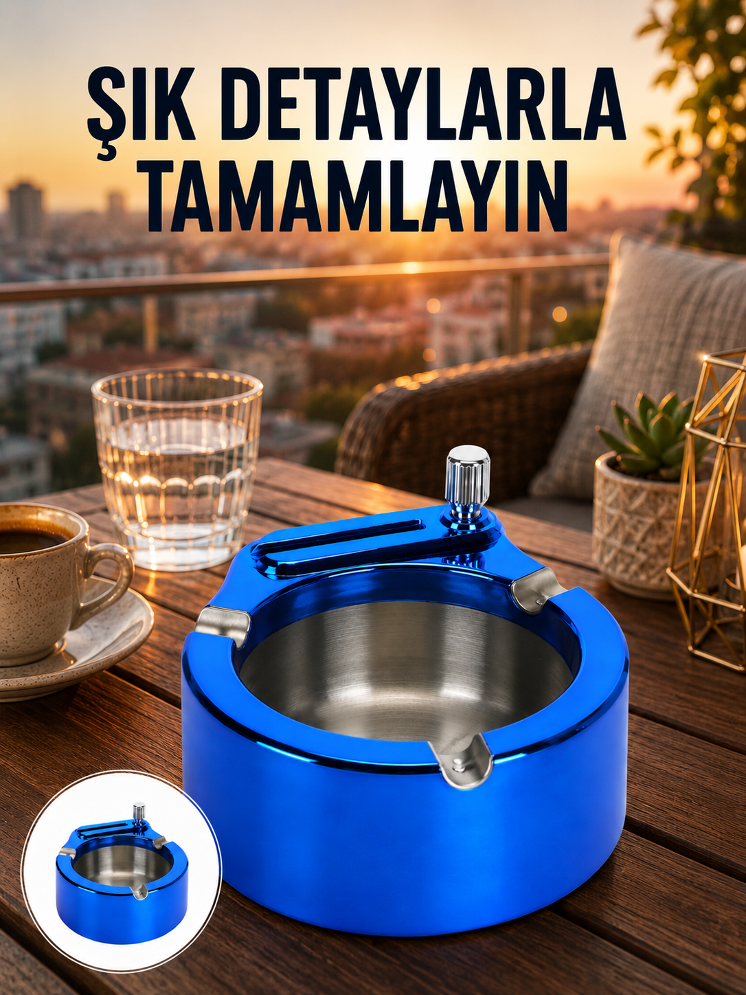 Yuvarlak Metal Küllük Çakmak Entegreli Dayanıklı Yapı