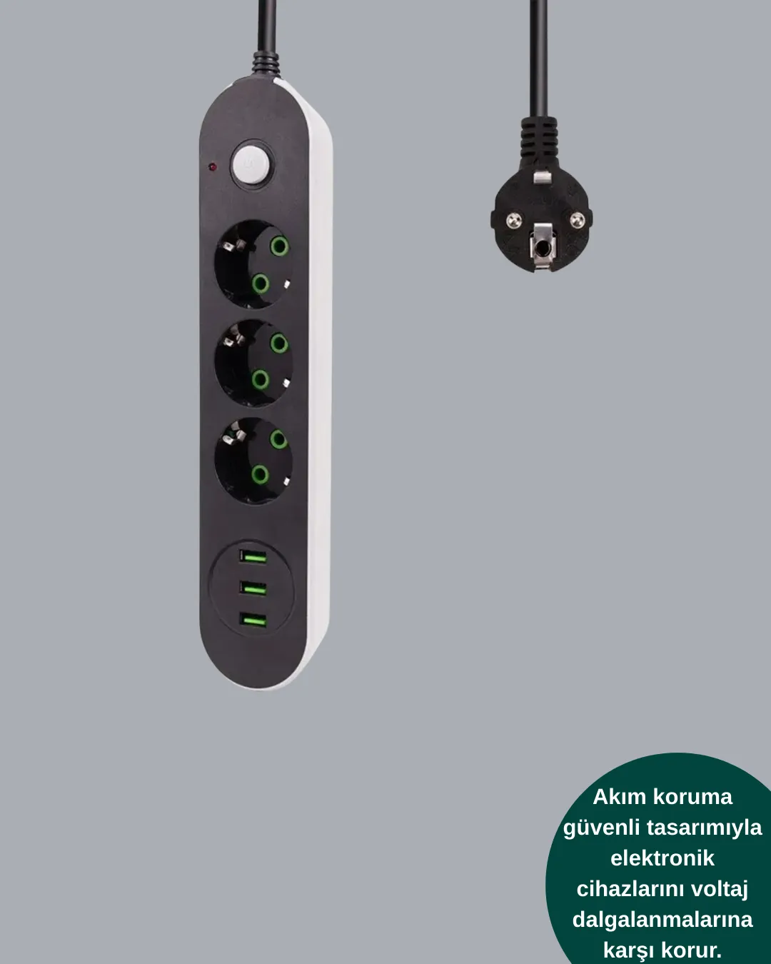 Akım Korumalı Anahtarlı USB Girişli Üçlü Priz