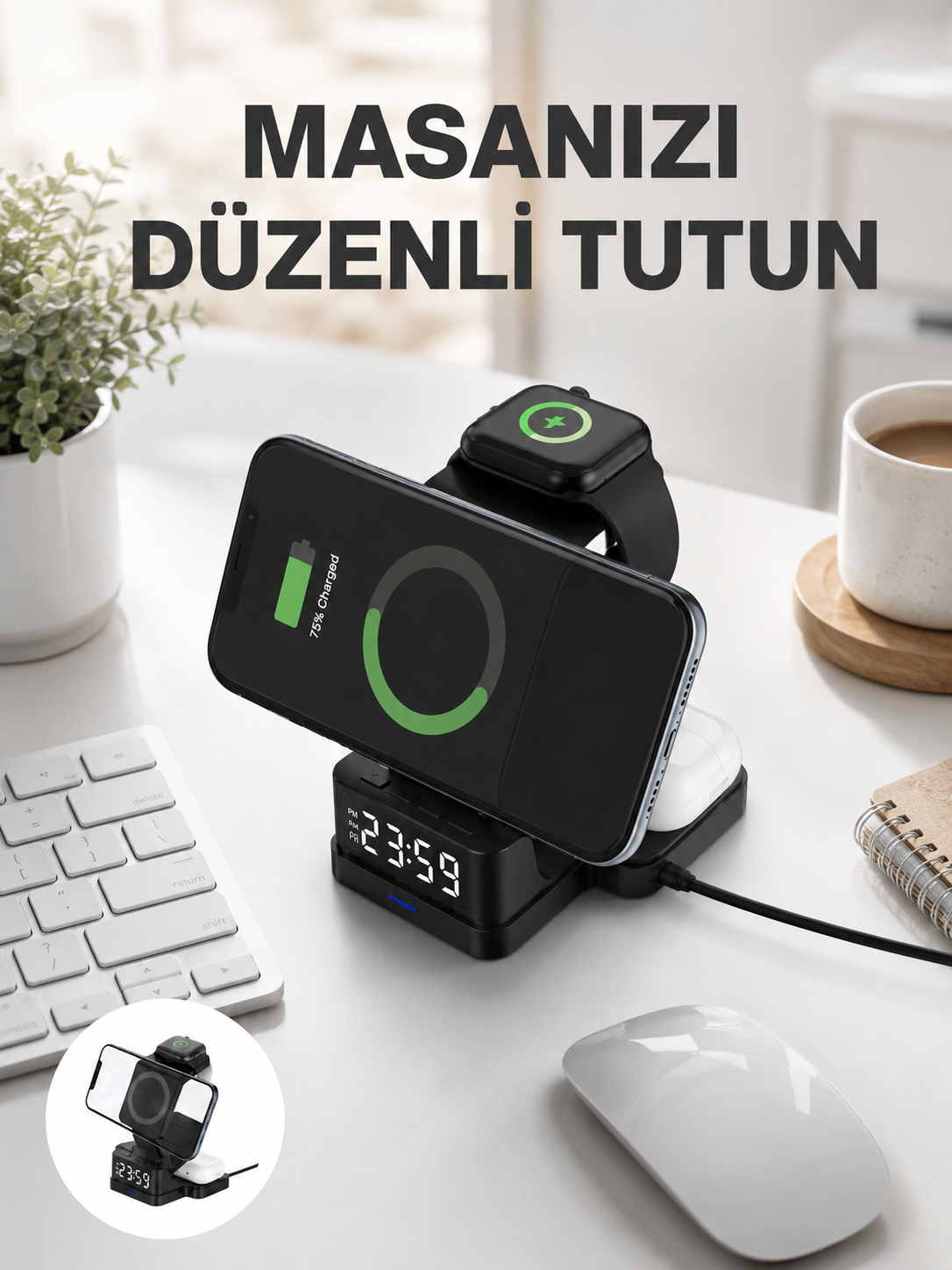 Dijital Saatli Kablosuz Şarj İstasyonu – 3’ü 1 Arada Apple Uyumlu Hızlı Şarj ve LED Ekran
