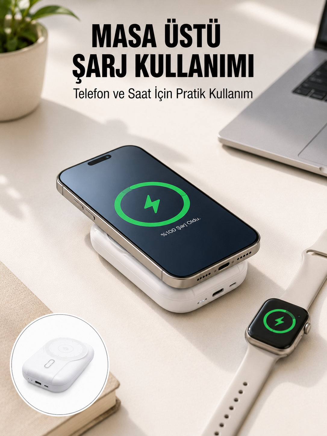Akıllı Saat ve Telefon Uyumlu 4’ü 1 Arada Powerbank 10000 mAh