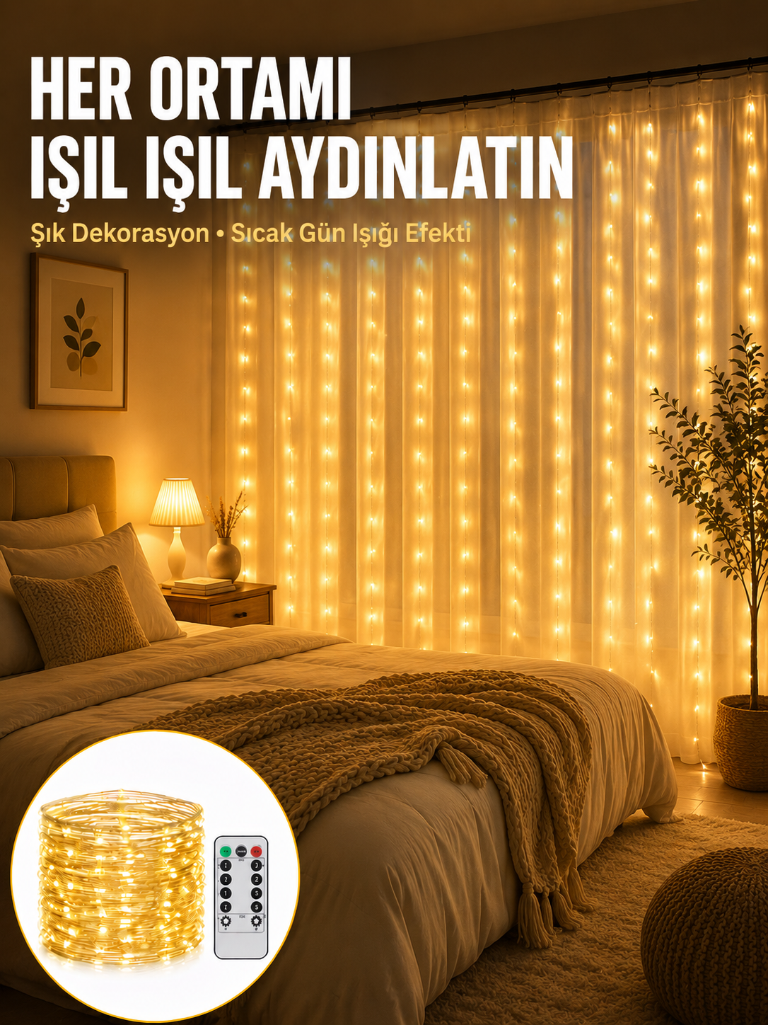 Dekoratif Perde Peri Led Günışığı Renk 8 Fonksiyonlu Işık