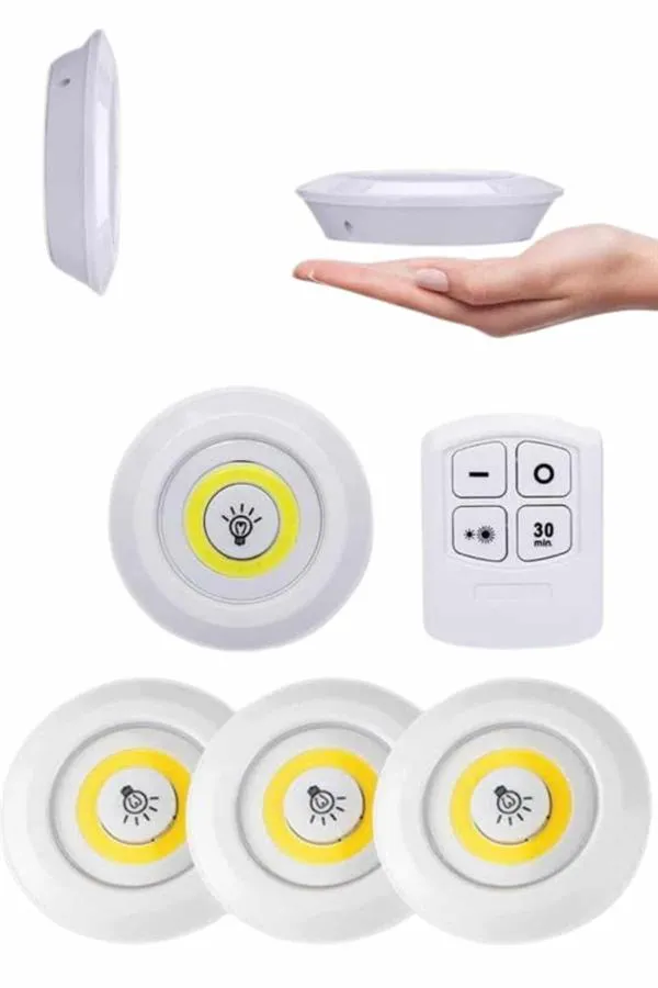 Yapışkanlı 3'lü Spot Led Işık Lamba Montajsız Pilli Uzaktan Kumandalı