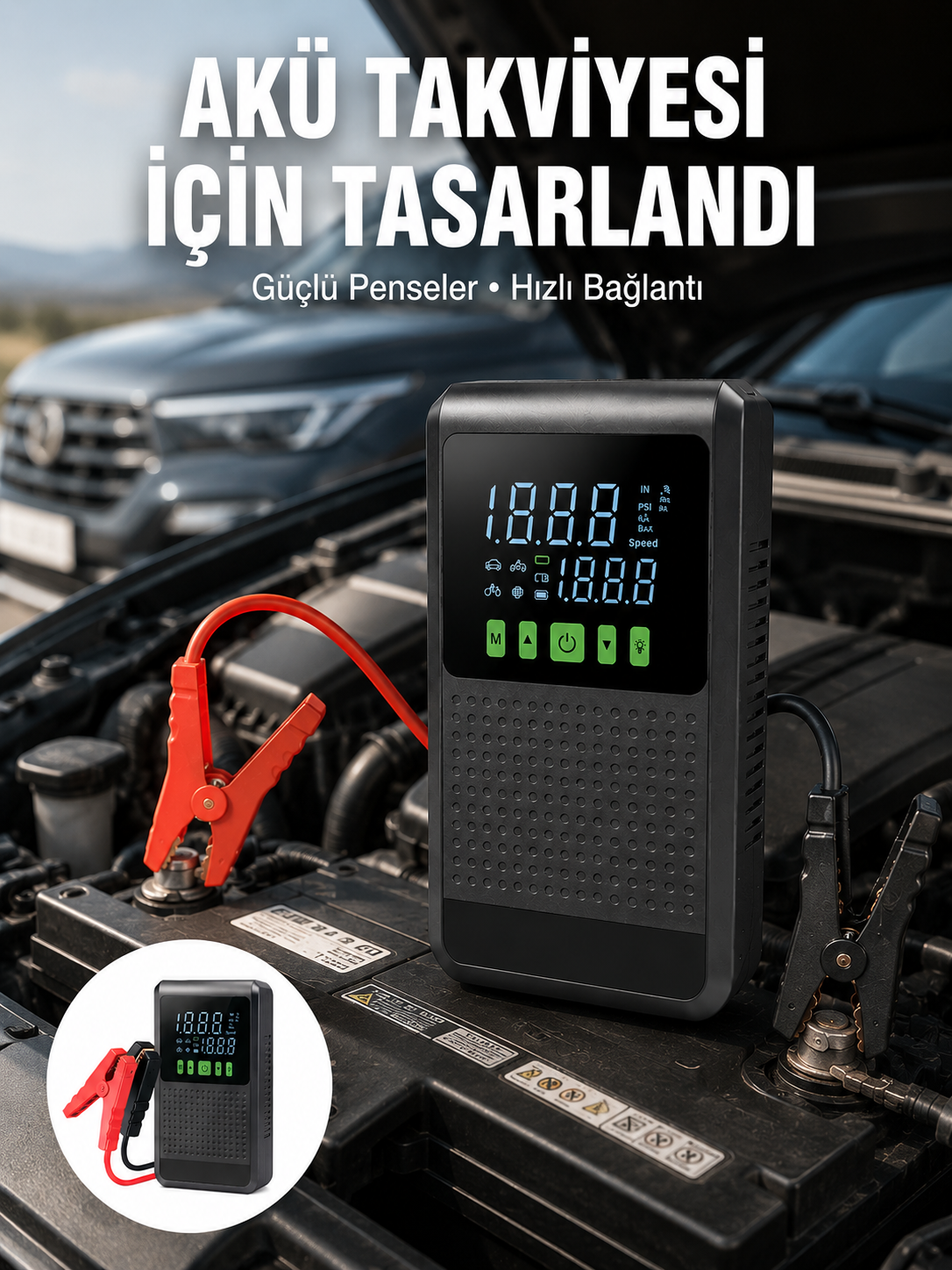 4’ü 1 Arada Jump Starter Hava Kompresörü Powerbank ve LED Fener