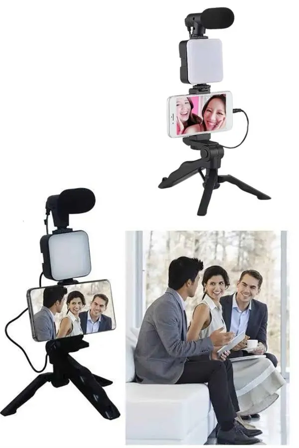 Telefon Tutucu Led Işıklı Kumandalı Mikrofon Telefon Vlog Video Kayıt