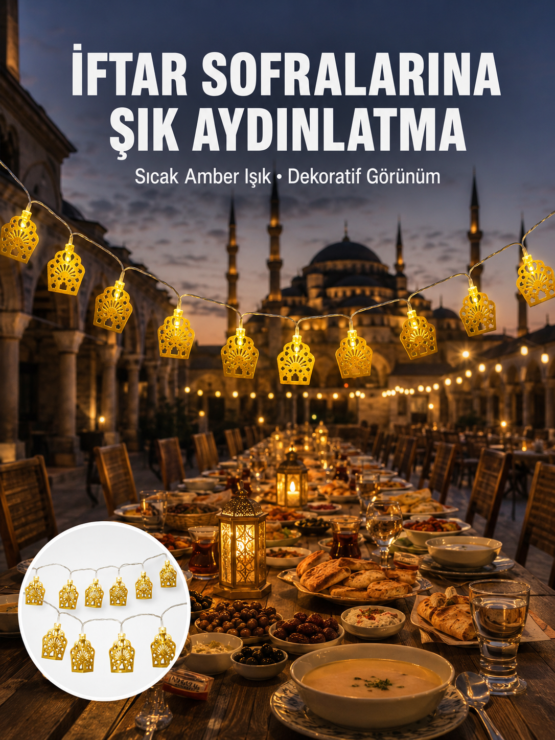 Dekoratif Ramazan LED Işık Pilli Cami Tasarımlı Zincir Aydınlatma