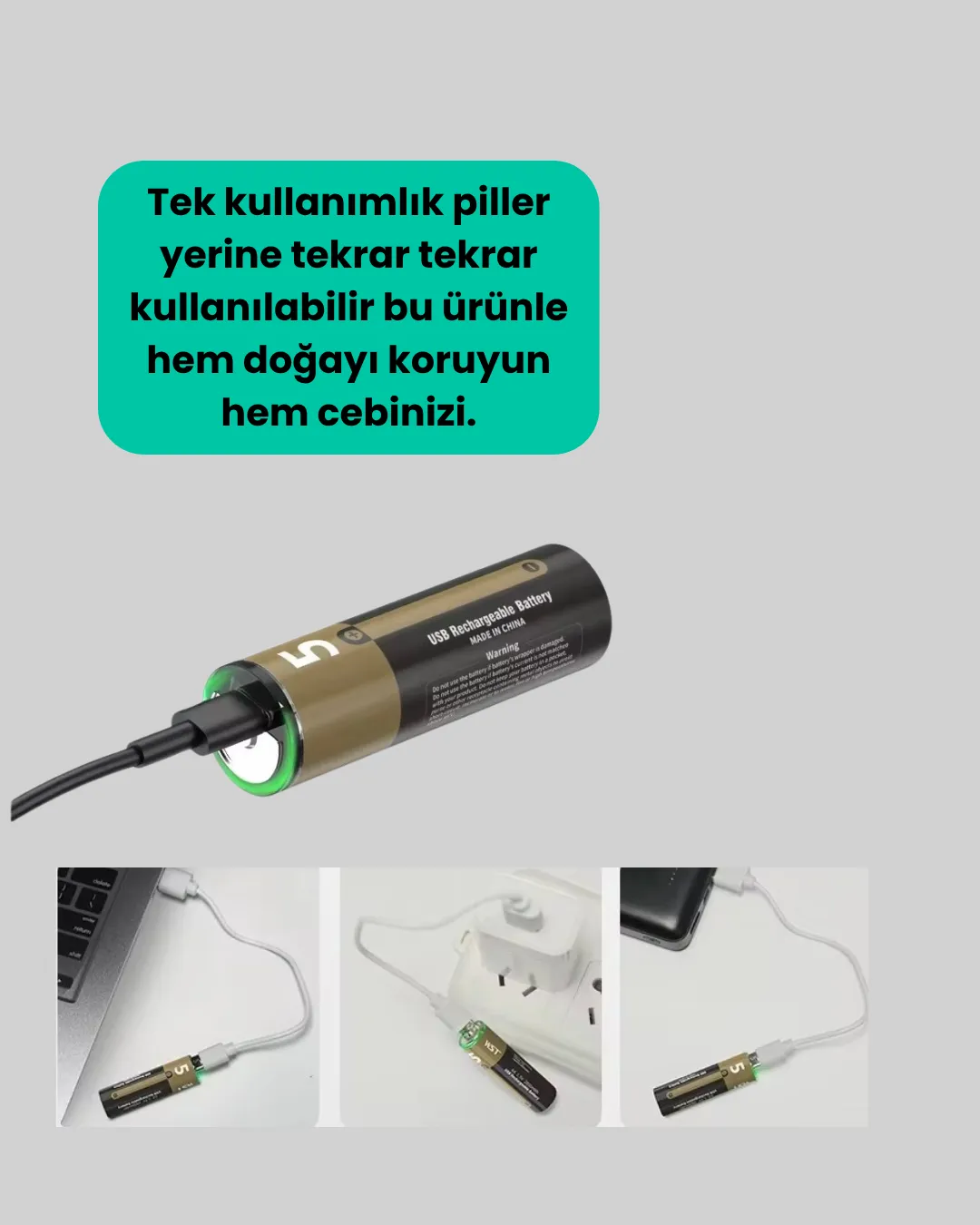 USB Type-C ile Hızlı Şarj Edilebilen AA Lityum Pil