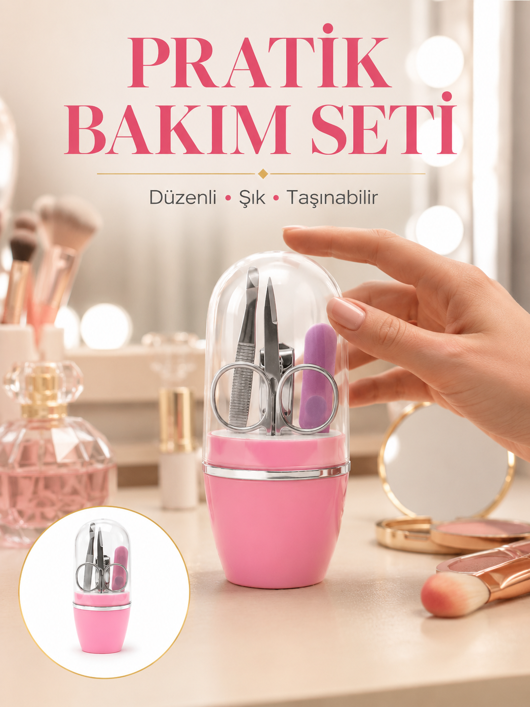 Tırnak Bakım Manikür Pedikür Seti 4 Parça Pembe Ev ve Seyahat Uyumlu