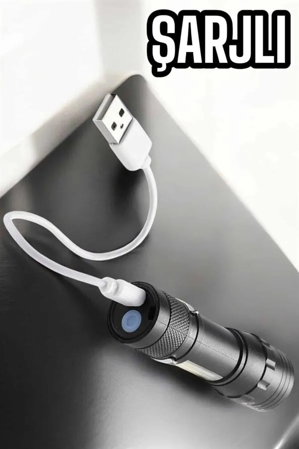 Şarjlı Metal Zoomlu El Feneri Işıldak Led Işık Taşınabilir El Lambası