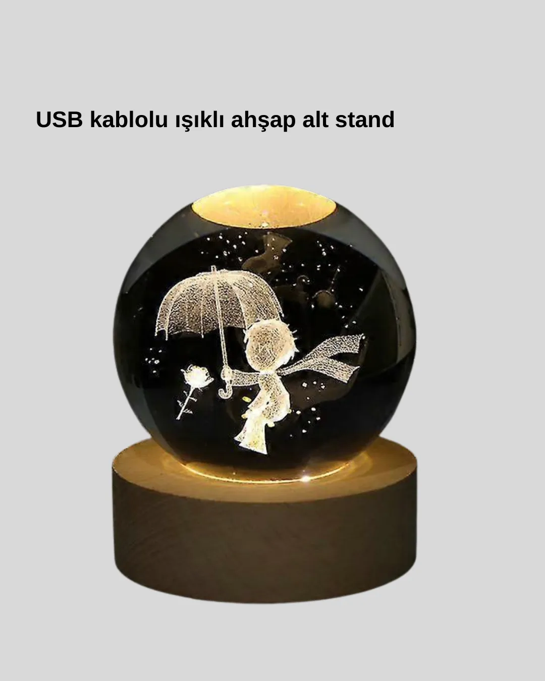 Küçük Prens Figürlü 3D Kristal Top Sıcak Işıklı USB Ahşap Tabanlı Dekor Lamba