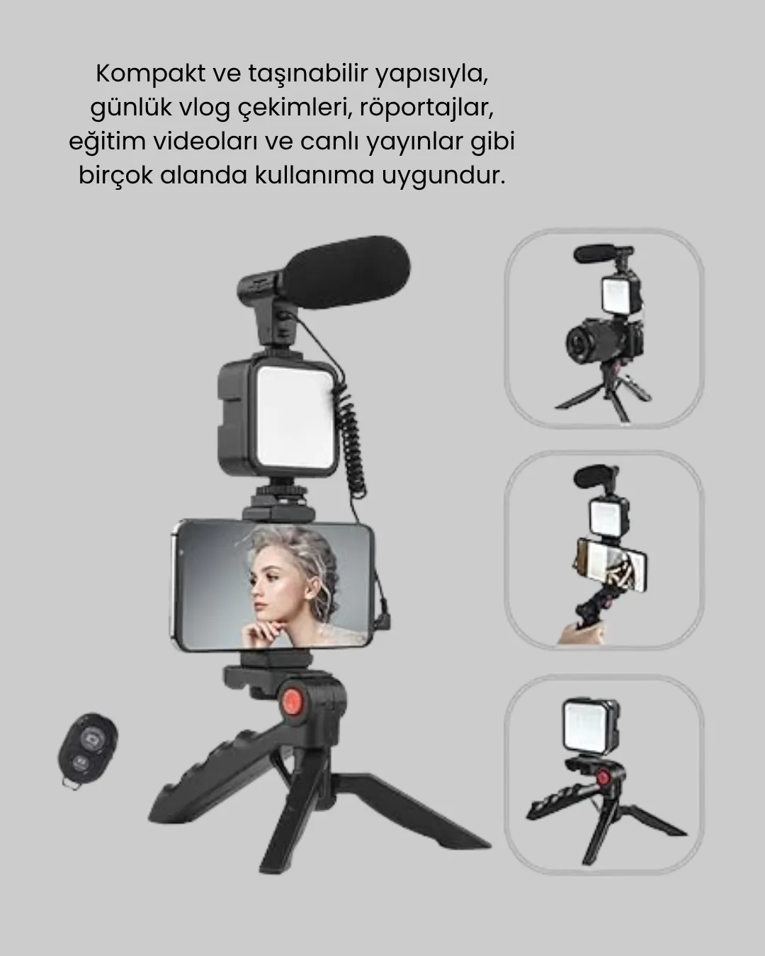 Video Çekim Kiti Tripod LED Işık Harici Mikrofon ve Bluetooth Kumanda Seti