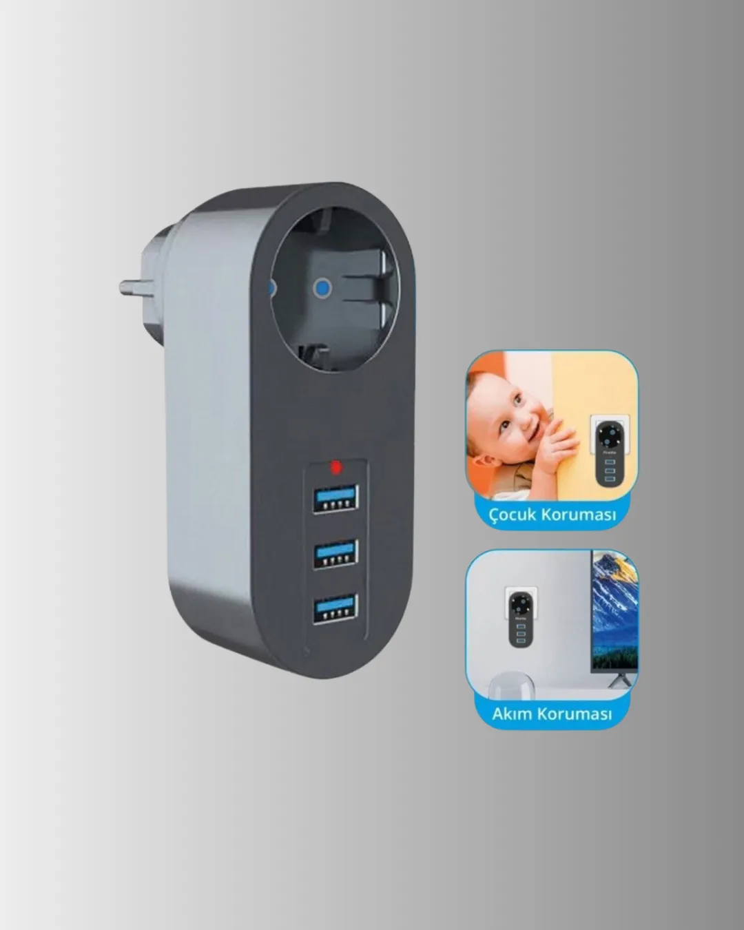 Isıya Dayanıklı 3 USB Portlu Güvenlikli Priz – Akıllı Enerji Yönetimi