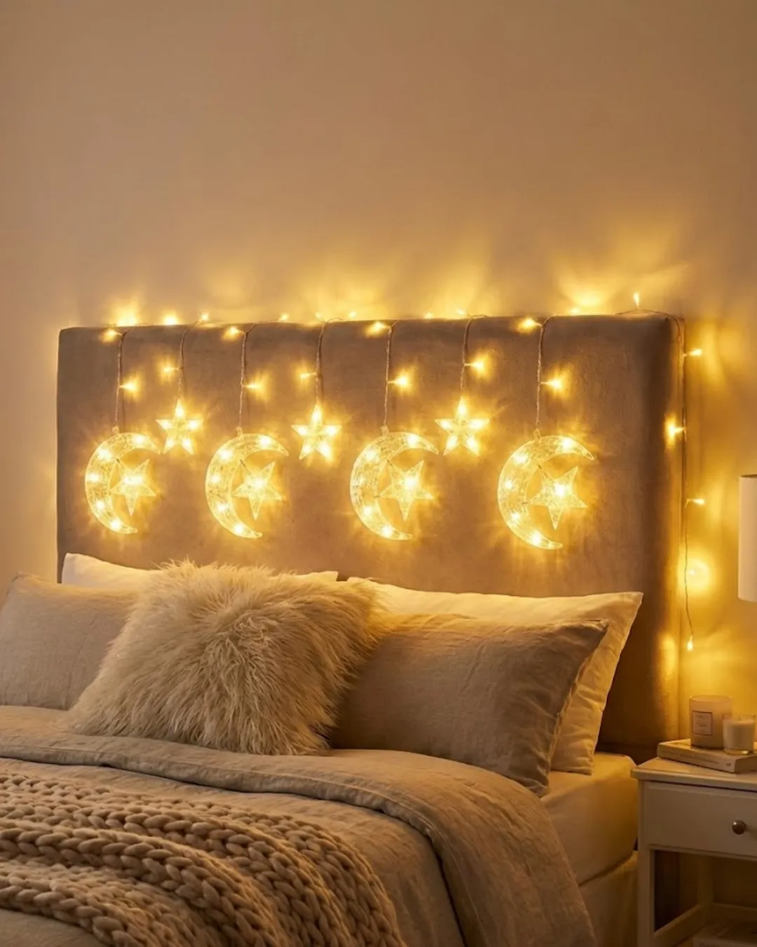 Ramazan İçin Hilal Yıldız Işık Zinciri Yanıp Sönen ve Sabit Modlu