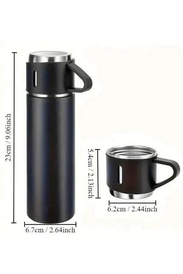 Termos Seti 3'lü Bardak Seti Isı Dayanıklı Siyah Paslanmaz Çelik Vakumlu