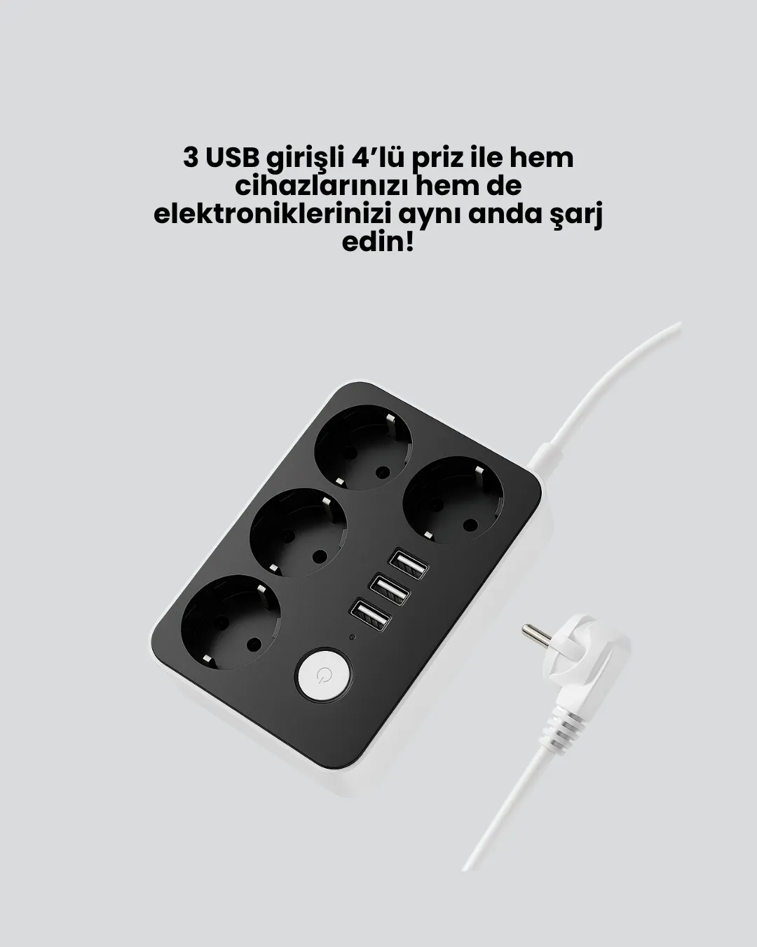 4 Prizli 3 USB Portlu Anahtarlı Akım Korumalı Priz