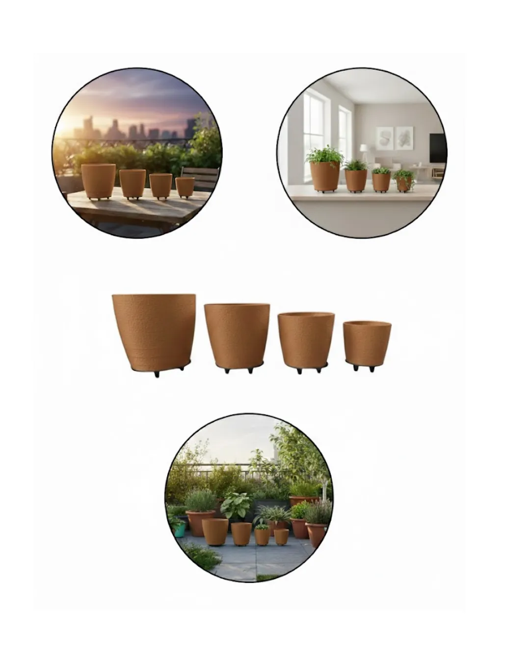 4’lü 3D Kahverengi Ayaklı Dekoratif Saksı Takımı Modern Tasarım