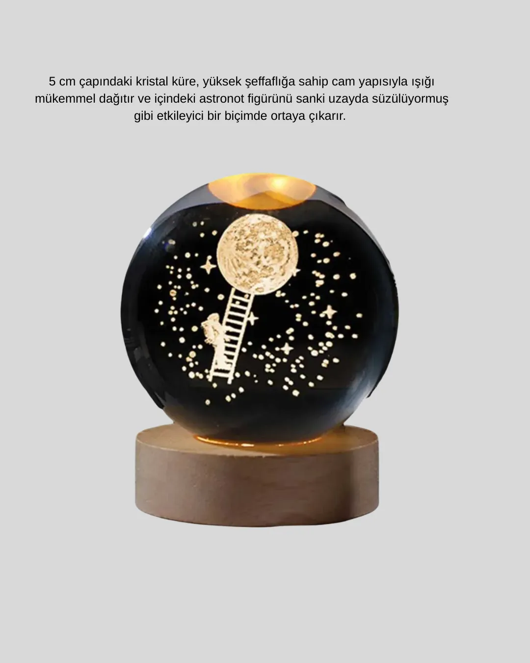 Lazer İşlemeli 3D Astronot Kristal Küre LED Işıklı Uzay Temalı Gece Lambası
