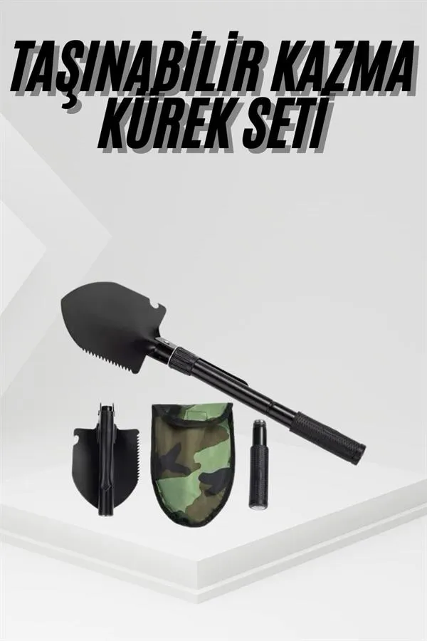 Katlanır Portatif Kazma Kürek Seti Portatif Çelik Taşıma Çantalı Pusulalı
