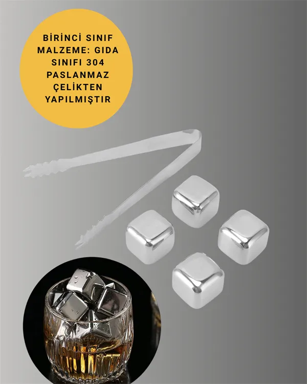 Paslanmaz Çelikten Üretilmiş Metal Buz Küpü Seti ve Buz Klipsi