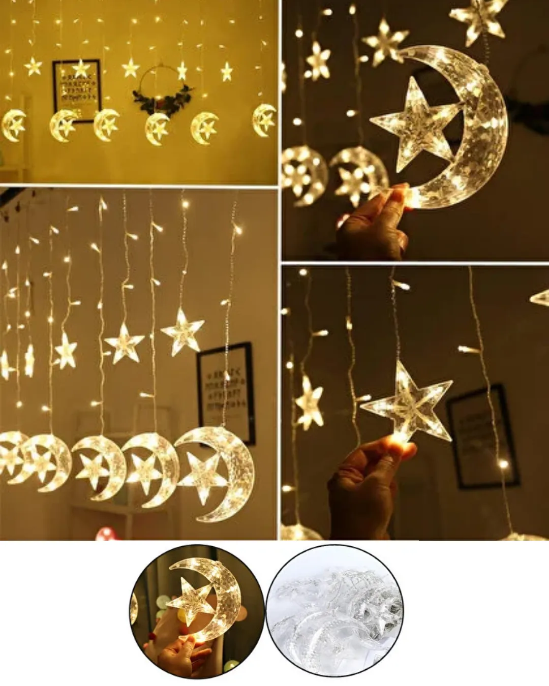 Dekoratif Ay Yıldız Perde Işığı Sıcak Beyaz Festival ve Ev Süsleme
