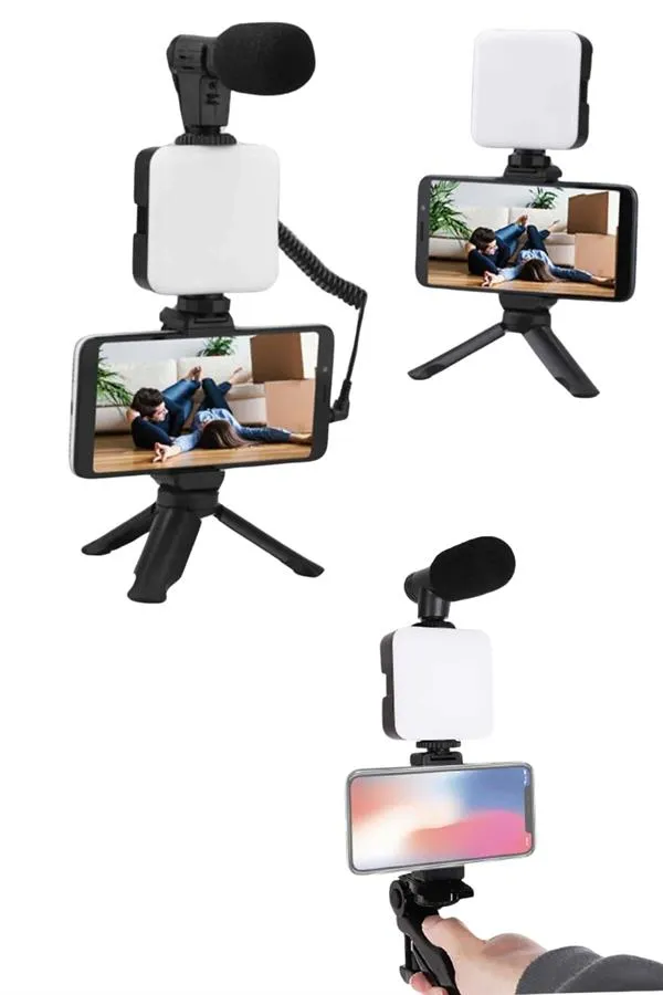 Akıllı Telefon Vlog Kiti Tripod Mini Mikrofonlu Telefon Tutucu