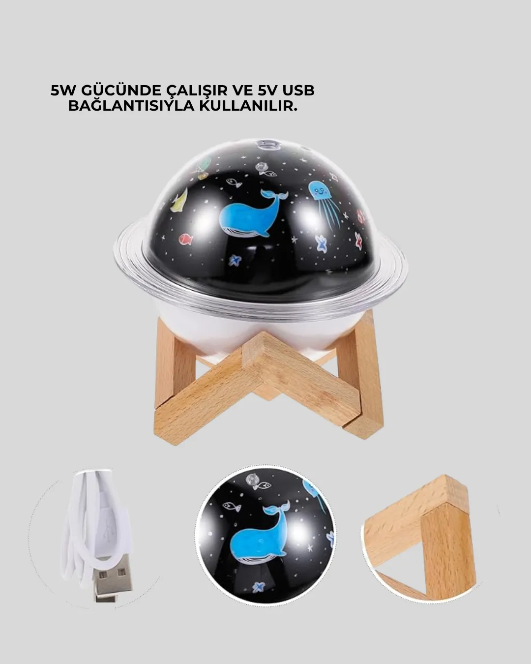 Projektör ışığı bulunan USB bağlantılı mini aromaterapi destekli hava nemlendirici