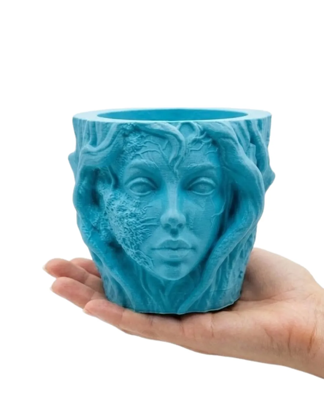 Sanatsal Kadın Yüzü Ağaç Detaylı 3D Baskı Dekoratif Vazo Saksı