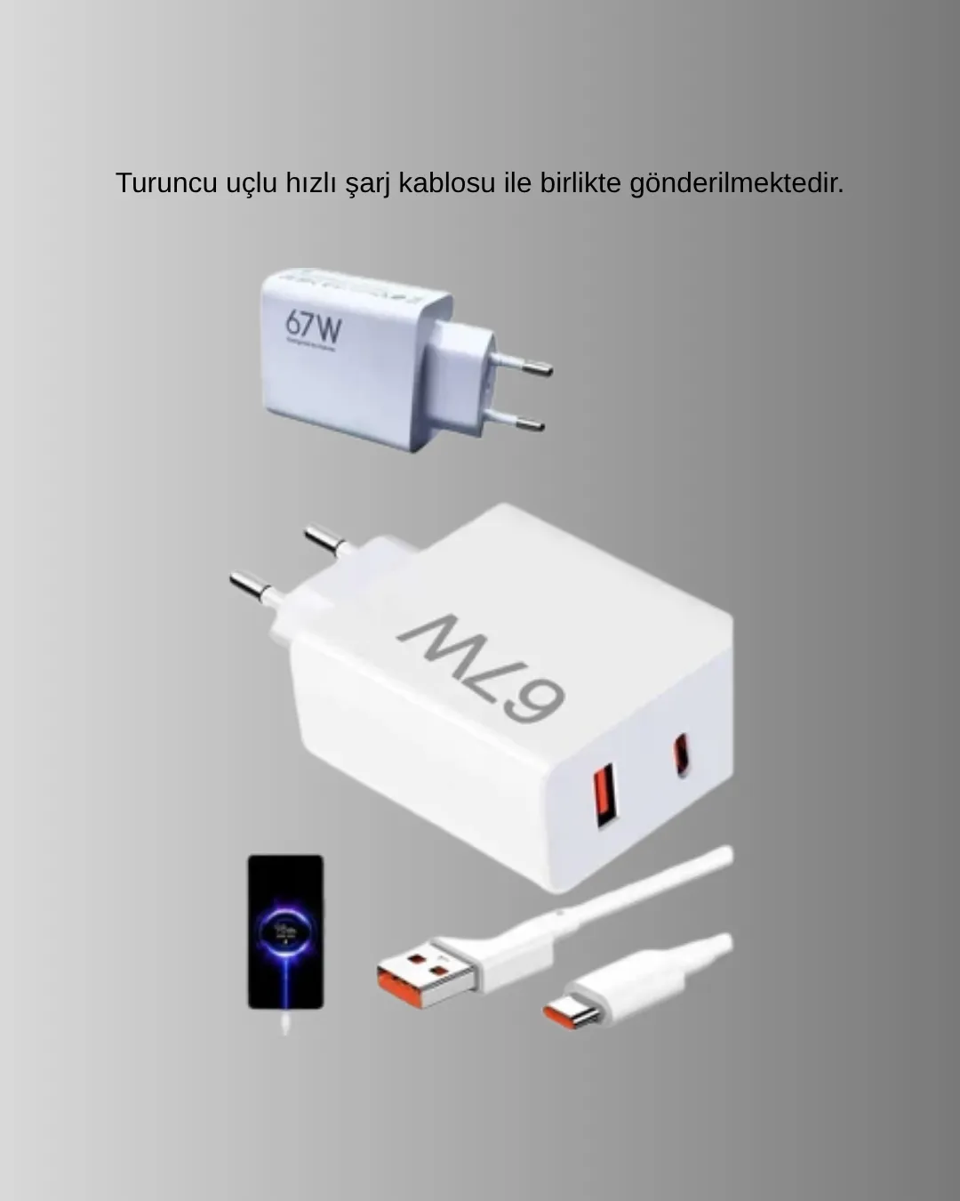 67W Süper Hızlı Şarj Adaptörü ve Kablo Seti – Güvenli, Kompakt ve Ergonomik Tasarım