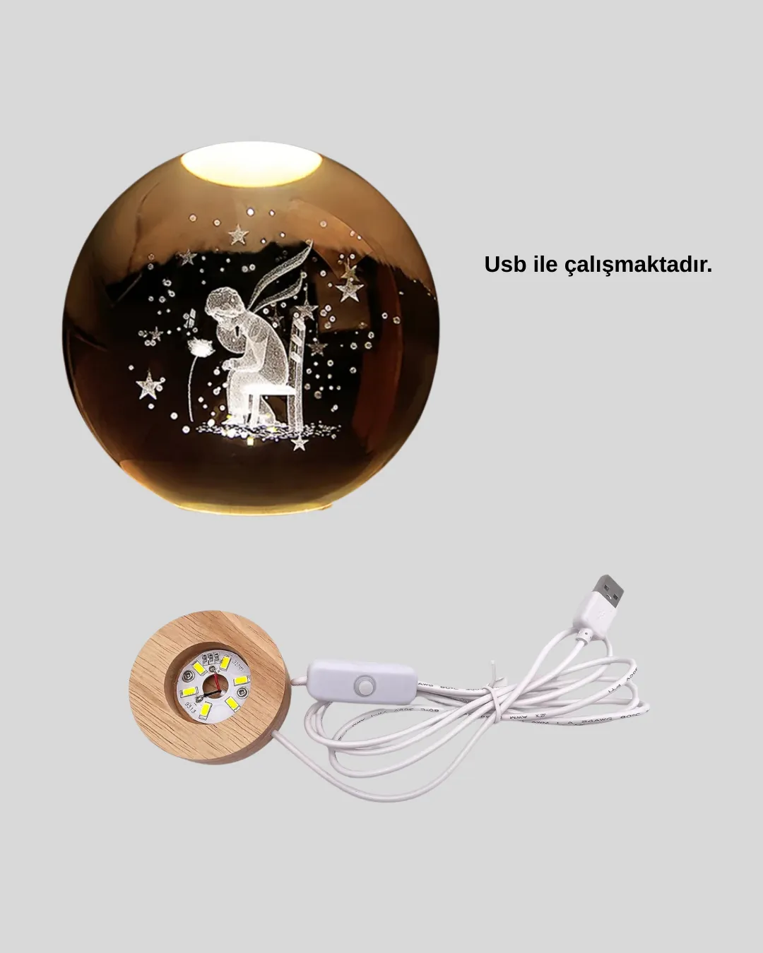 Küçük Prens Cam Küre USB Işıklı Ahşap Standlı Büyük Boy