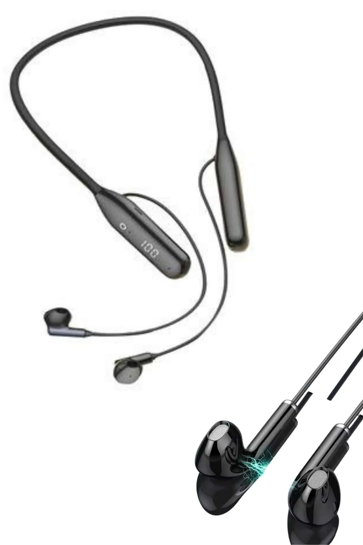 100 Saat Kablolu Boyun Askılı Dijital Göstergeli Bluetooth Kulaklığı